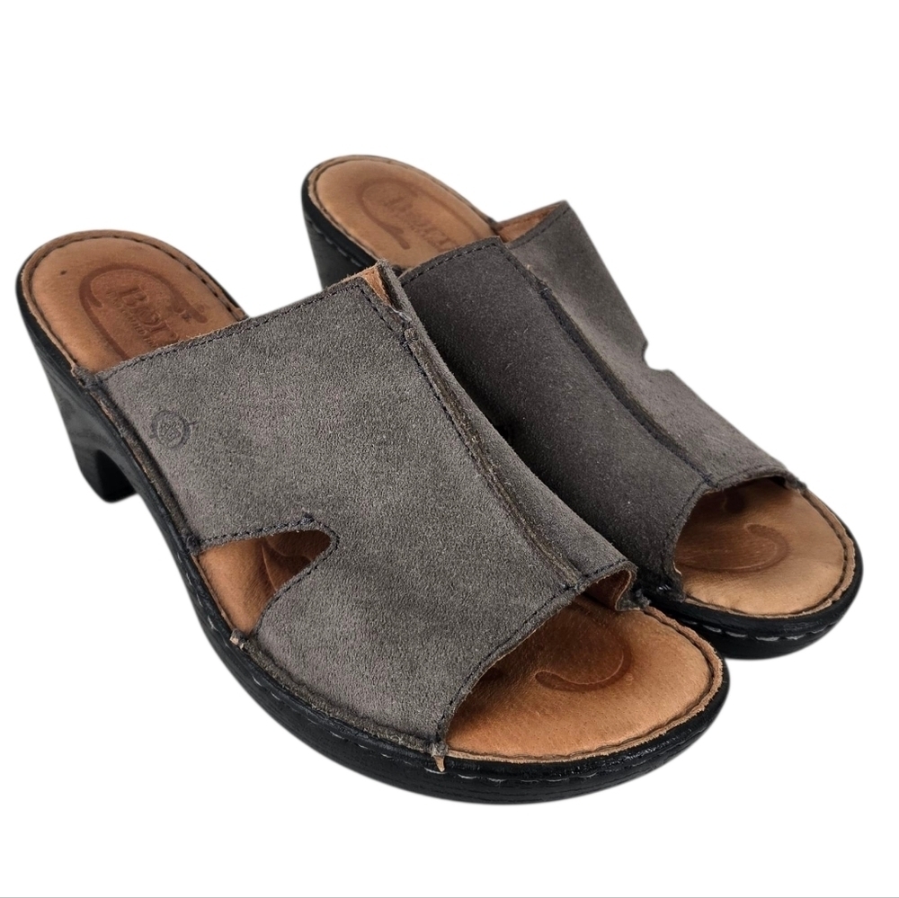 Born Gray Suede Leather Melyssa Slip On Wedge Heeled Sandal 8M Neutral Casual
